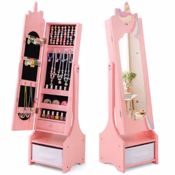 COSTWAY Armoire à Bijoux pour Enfants avec Miroir sur Pied Grande Capacité de Rangement Crochets 2 Angles dInclinaison Rose