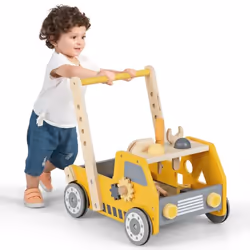 COSTWAY 2 en 1 Chariot de Marche en Bois avec Centre de Jouets Cuisine de Jeu Horloge Enfant 1 An+ Jouet Montessori Jaune