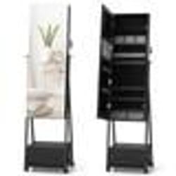 Armoire à Bijoux à Roulettes COSTWAY - Miroir Pleine Longueur et Tiroir - Armoire à Bijoux sur Pied avec Porte Verrouillable - Noir