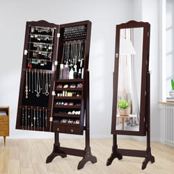 COSTWAY Armoire à Bijoux 2 en 1 sur Pied avec 14 lampes LED Verrouillable Réglable à 4 Angles avec 2 Tiroirs (Marron)