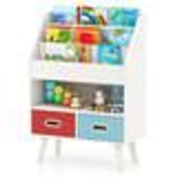 COSTWAY Petit Bibliothèque pour Enfants à 3 Niveaux Compartiment Ouvert 2 Tiroirs Pliables en Tissu Kits Anti-basculement Blanc