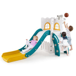 Toboggan 6 en 1 COSTWAY avec Panier de Basket et Télescope Marches Antidérapantes Cadeaux pour Garçons et Filles Vert
