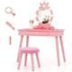 COSTWAY Ensemble de Coiffeuse et Tabouret pour Enfants avec Miroir Eclairé Luminosité Réglable 70 x 34 x 99 cm Rose