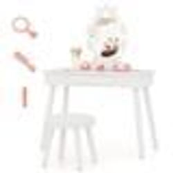 COSTWAY Ensemble de Coiffeuse et Tabouret pour Enfants avec Miroir Eclairé Luminosité Réglable 70 x 34 x 99 cm Blanc
