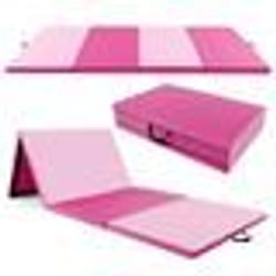 Tapis de Gymnastique Pliable COSTWAY-300 x 117 x 5CM à 4 Plis avec Poignées Tapis en PU avec Attaches Auto-agrippantes-Rose