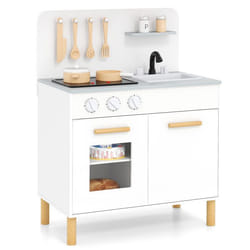 COSTWAY Cuisine de Jeu En Bois pour Enfants 3 Ans+ avec Lumières & Sons 10 Accessoires Evier Four 55 x 31 x 75 cm Blanc
