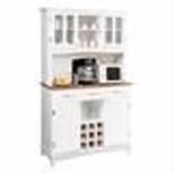 COSTWAY Buffet de Cuisine avec Large Comptoir Armoire en Verre Trempé Porte-Bouteilles Étagères Réglables 3 Tiroirs Blanc