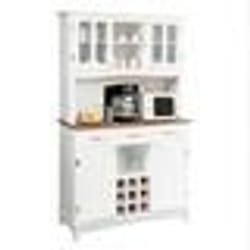 COSTWAY Buffet de Cuisine avec Large Comptoir Armoire en Verre Trempé Porte-Bouteilles Étagères Réglables 3 Tiroirs Blanc