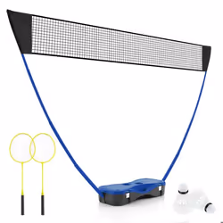 Ensemble de Badminton Portable COSTWAY-Filet2 Raquettes2 Volants-270 x 335 x 160 cm-Etui de Rangement-Tuyaux Métalliques-Bleu