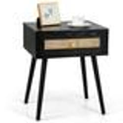 COSTWAY Table de Chevet en Rotin avec Tiroir Pieds en Bois Table de Nuit pour Salon Chambre 48 x 40 x 58 cm Noir