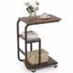 COSTWAY Table d’Appoint Industrielle en Forme de ‘C’ avec Etagères Ouvertes Cadre en Métal Roulettes Verrouillables