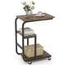 COSTWAY Table d’Appoint Industrielle en Forme de ‘C’ avec Etagères Ouvertes Cadre en Métal Roulettes Verrouillables
