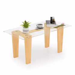 COSTWAY Table Basse Rectangulaire en Verre Trempé Pieds en Bois dHévéa Table Moderne 100x50x45cm Salon Maison Bureau Naturel