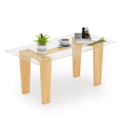 COSTWAY Table Basse Rectangulaire en Verre Trempé Pieds en Bois dHévéa Table Moderne 100x50x45cm Salon Maison Bureau Naturel
