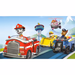 Papier peint panoramique encollé Pat 'patrouille - Motifs Stella, Chase, Ruben, Marcus, camion de pompiers, voiture de police ...