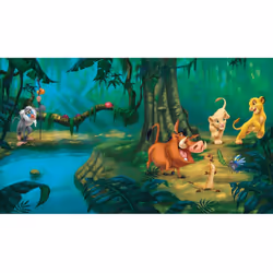 Papier peint panoramique encollé Disney Le Roi lion - Simba à la rivière avec ses amis - 320 cm x 182,88 cm Le papier peint e ...