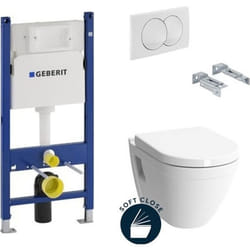 Pack WC Bati-support Geberit Duofix + Cuvette suspendue Vitra S50 avec bride + Abattant soft close + Plaque blanche (S50Geb3)