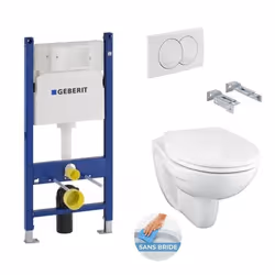 Geberit - Pack WC Bâti Duofix + Cuvette suspendue Porcher sans bride + Abattant Ideal Standard ASTOR + Plaque blanche (Porche ...