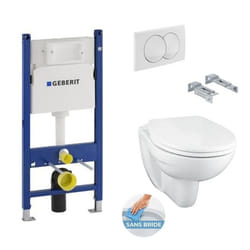 Geberit - Pack WC Bâti Duofix + Cuvette suspendue Porcher sans bride + Abattant Ideal Standard ASTOR + Plaque blanche (PorcherGeb3)