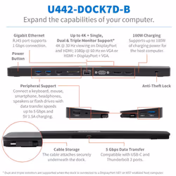 Tripp Lite U442-DOCK7D-B, Avec fil, USB 3.2 Gen 1 (3.1 Gen 1) Type-C, 100 W, 1000 Mbit/s, Noir, MicroSD (TransFlash), SD