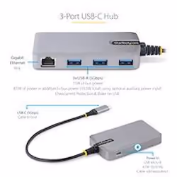 StarTech.com Hub USB-C à 3 Ports - 3x Ports USB-A, Gigabit Ethernet RJ45, USB 3.0 5Gbps, Alimentation par Bus - Hub USB Type-C avec Câble de 30 cm - Adaptateur Ethernet USB C - Mini Hub USB-C pour PC Portable - Vue supplémentaire 7