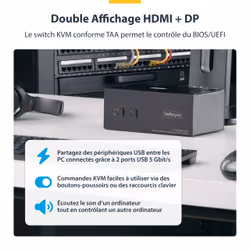 StarTech.com Commutateur KVM 2 Ports DisplayPort et HDMI, 4K 60Hz, 1 Moniteur HDMI et 1 Moniteur DP, Switch KVM 2 Ports, Hub USB 5Gbps 2 Ports, 2 Ports USB HID, Conforme TAA - Vue supplémentaire 8