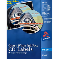 Avery 08944, Blanc, Rond, Permanent, CD/DVD, Gloss, Jet d'encre