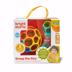 BRIGHT STARS Coffret cadeau de naissance O'Ball avec 2 jouets bébé: un hochet et une O Ball Classique rouge, jaune bleu et ve ...
