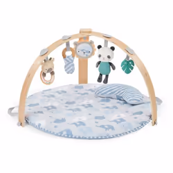 INGENUITY Tapis déveil bébé pliable Cosy Spot Elephantcoussin reversible arche de jeux en bois mirroir et jouets sensoriels b ...