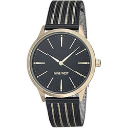Montre Femme - NINE WEST - Montre Bracelet Maille - Cadran Noir - Aiguilles Dorées - Chic