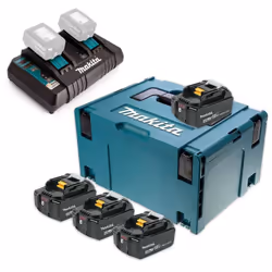Description générale Le pack énergie Makita comprend quatre batteries 18 V Li-Ion 4 Ah (BL1840B) et un chargeur double DC18RD ...
