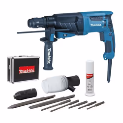 Description générale Le perfo-burineur Makita HR2630TX4 est un outil polyvalent conçu pour le perçage, la perforation et le b ...