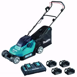 Description générale Tondeuse à gazon Makita DLM382PF4, alimentée par deux batteries 18V Li-Ion, offrant une puissance maxima ...