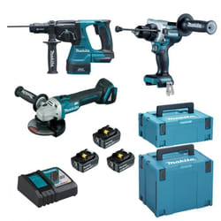 Makita - Lot de 3 machines 18V Li-Ion avec 3 batteries 5Ah et chargeur rapide, 2 coffrets Makpac DLX3157TJ