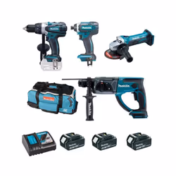 Description générale Ensemble de 4 machines Makita 18 V Li-Ion 4 Ah, comprenant une perceuse visseuse, une meuleuse, un perfo ...