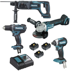 Ensemble de 4 machines 18 V LXT - Meuleuse DGA504 + Perceuse DDF482 + Perfo DHR241 + Visseuse DTD153 - MAKITA - 3 batteries 18V 5.0Ah, chargeur rapide