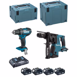 Description générale Ensemble de 2 machines Makita DLX2138PTJ comprenant une perceuse visseuse DDF482 et un perforateur burin ...