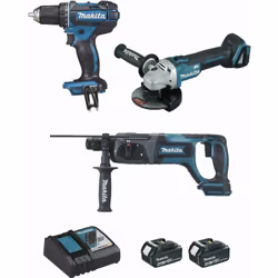 Description générale Ensemble de 3 machines 18 V Li-Ion 4 Ah comprenant la perceuse visseuse DDF482, la meuleuse DGA504 et le ...