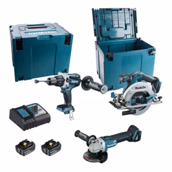 Description générale Ensemble de 3 machines 18 V Li-Ion 5 Ah (DHP481 + DGA506 + DHS680) pour des travaux de perçage, vissage, ...