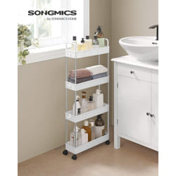Chariot Fin, Étagère de Cuisine à 4 Niveaux, Chariot de Salle de Bain pour Petit Espace, avec roulettes et poignées, 40 x 13,5 x 93 cm, Blanc