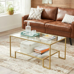 Songmics - vasagle Table basse, Table de salon, 2 niveaux en verre trempé, cadre en acier, 100 x 55 x 45 cm, rectangulaire, décoration de salon, Doré