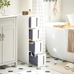 Tour de Rangement sur roulettes, Colonne de Cuisine étroite, Étagère Plastique à 4 Niveaux, Gain de Place, 45 x 17 x 84 cm, Blanc et Gris