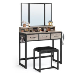 Songmics - Coiffeuse avec Tabouret, avec Miroir Triple, 3 Tiroirs, 90 x 40 x 141 cm, Porte-Sèche-Cheveux, Pot, Style Industriel, Grège et Noir