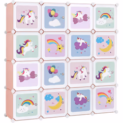 Description générale Ce meuble de rangement à cubes, aux motifs colorés de licornes, d'étoiles et de ballons, transforme le r ...