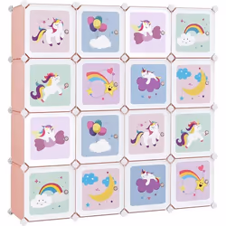 Meuble Rangement Enfant - SONGMICS - 16 Cubes - Rose - Armoire Modulable avec Portes