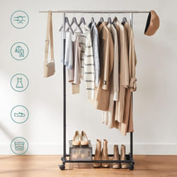 SONGMICS Porte-manteau, Portant à Vêtement, Penderie, Vestiaire Entrée, Porte Vêtement, avec Tringle et Roulettes, Capacité 25 kg, Réglable, Noir et