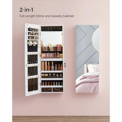 SONGMICS Armoire à Bijoux Murale avec Lumières LED avec Miroir de Maquillage Intégré 2 Tiroirs Verrouillable Blanc JJC013W01
