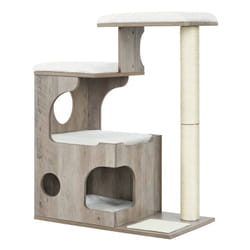 FEANDREA Arbre à Chat, Hauteur 86cm, 3 Plate-Formes et 1 Grotte, Panneau MDF avec placage de Bois, Poteau en sisal, Imitation Fourrure Lavable, Style