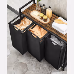 Songmics VASAGLE 3 x 38L panier à linge 114 L Rectangulaire Tissu, Panneaux MDF, Acier Noir, Marron