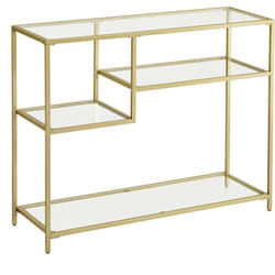 Vasagle - Table Console, Table d'Entrée, en Verre Trempé, Cadre en Métal, avec Étagères de Rangement, 35 x 100 x 80 cm, Style Moderne, Doré